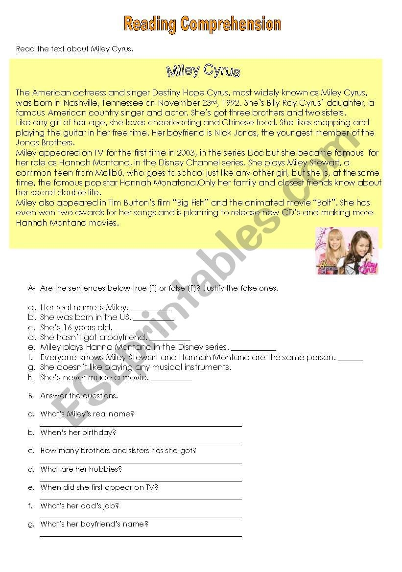 Miley Cyrus Reading Comprehension ESL Worksheet By Wilwarin32