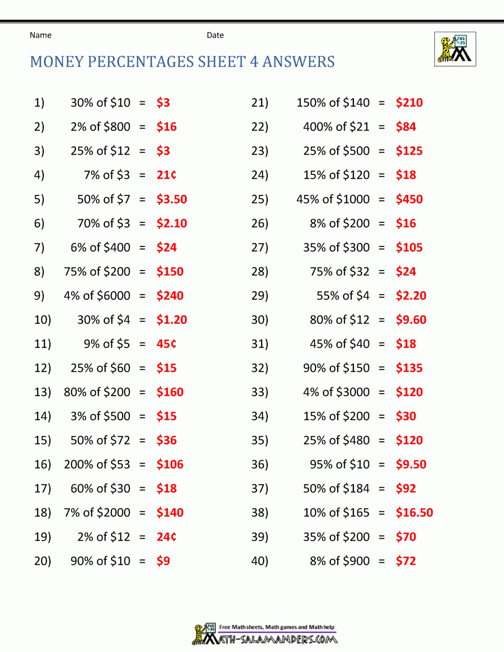 Free Printable Math Percentage Worksheets