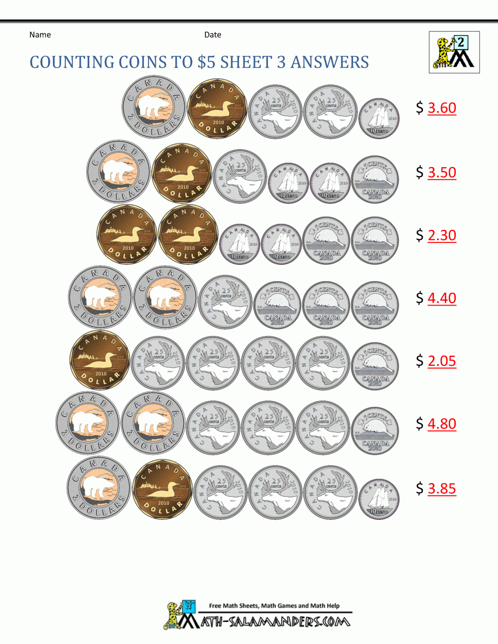 Money Worksheets Canada
