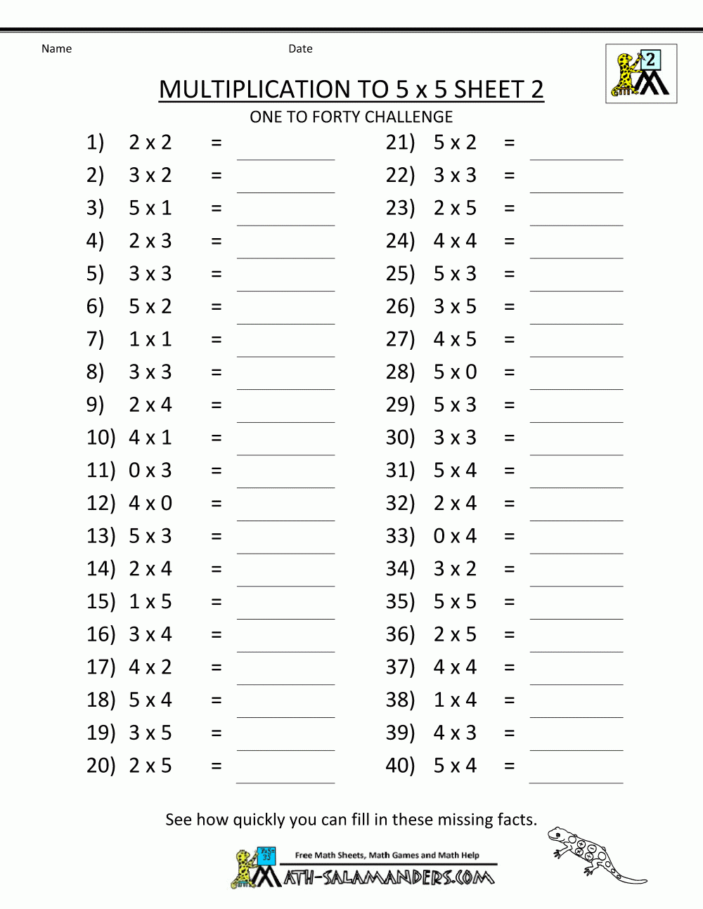 Multiplication Facts Worksheet Free Printable