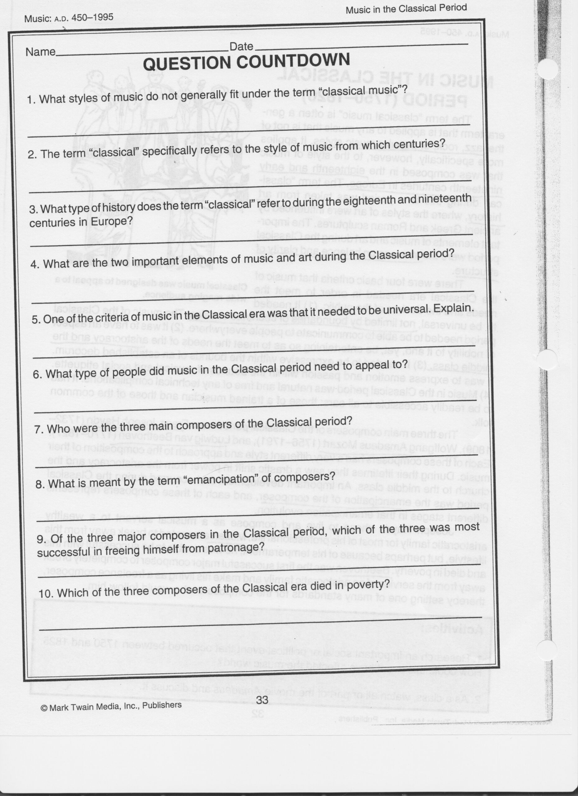 Aspects Of Music Reading Comprehension Worksheet