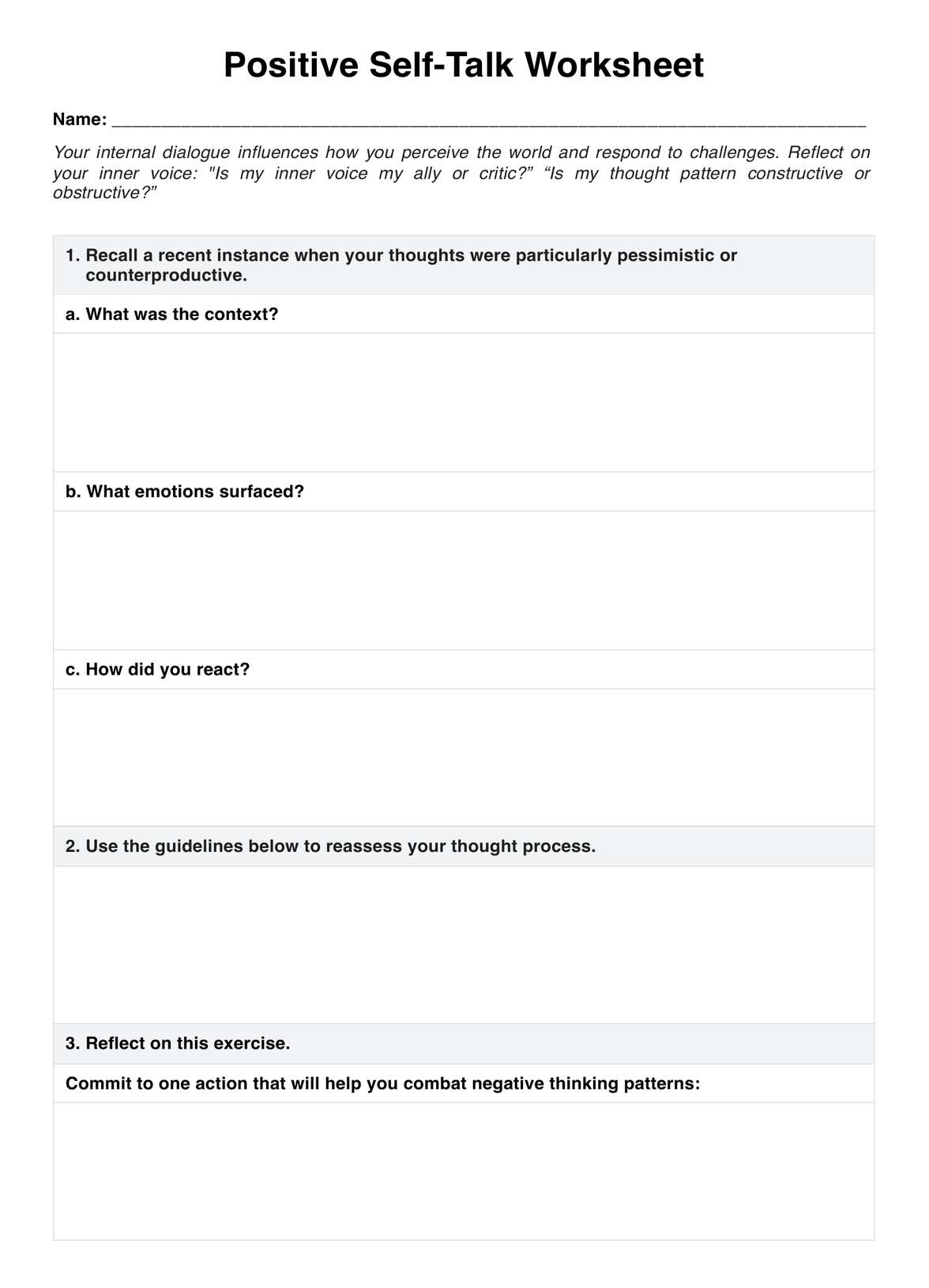 Negative Self Talk Worksheet U0026 Example Free PDF Download