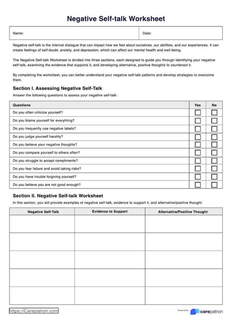 Negative Self Talk Worksheet U0026 Example Free PDF Download