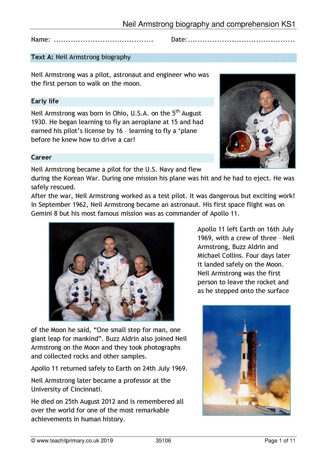 Neil Armstrong Comprehension KS1 History Teachit