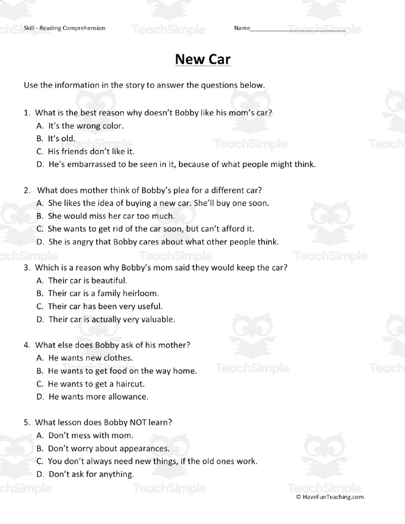 New Car Reading Comprehension Worksheet