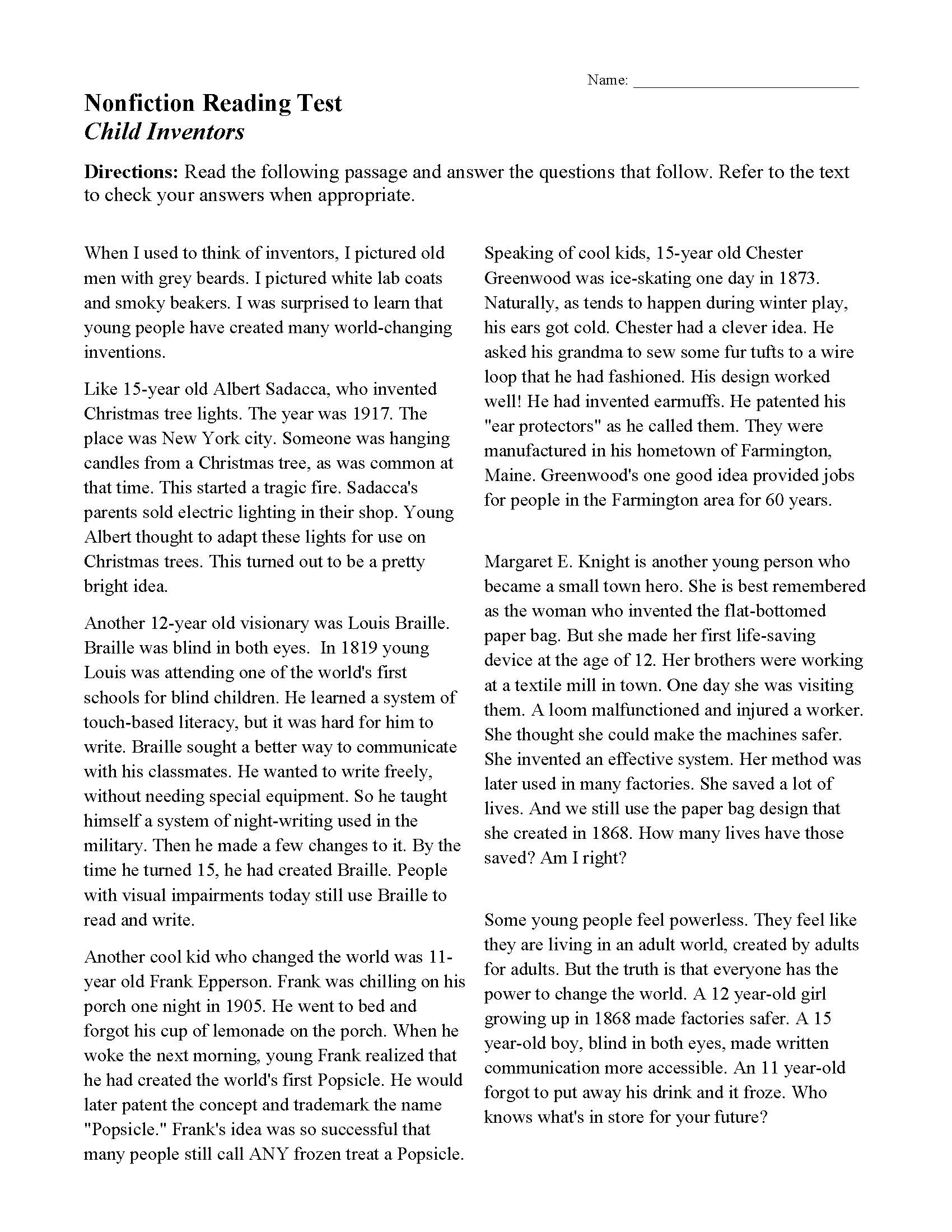 First Grade Nonfiction Reading Comprehension Worksheets