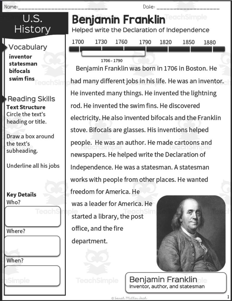 Nonfiction Reading Packet Benjamin Franklin
