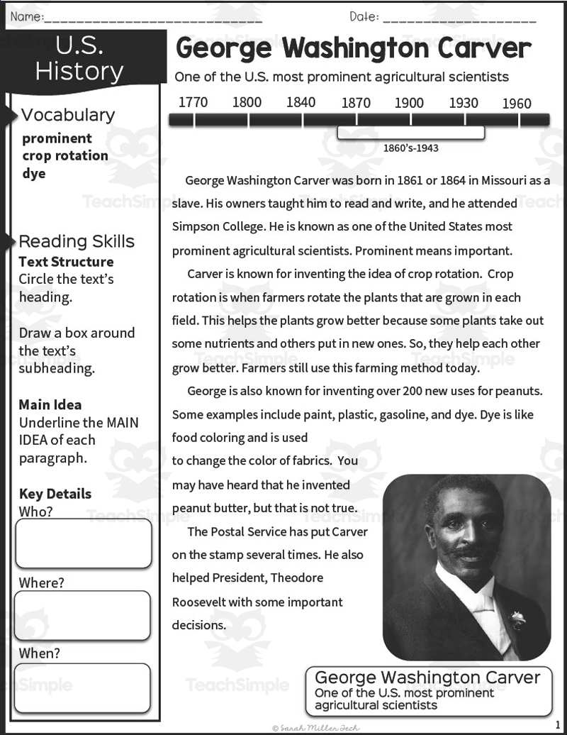 Nonfiction Reading Packet George Washington Carver Worksheets Library