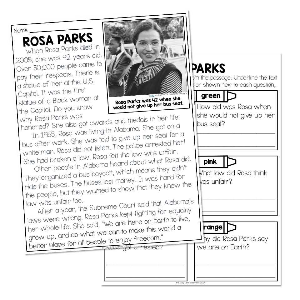 Free Rosa Parks Reading Comprehension Worksheets
