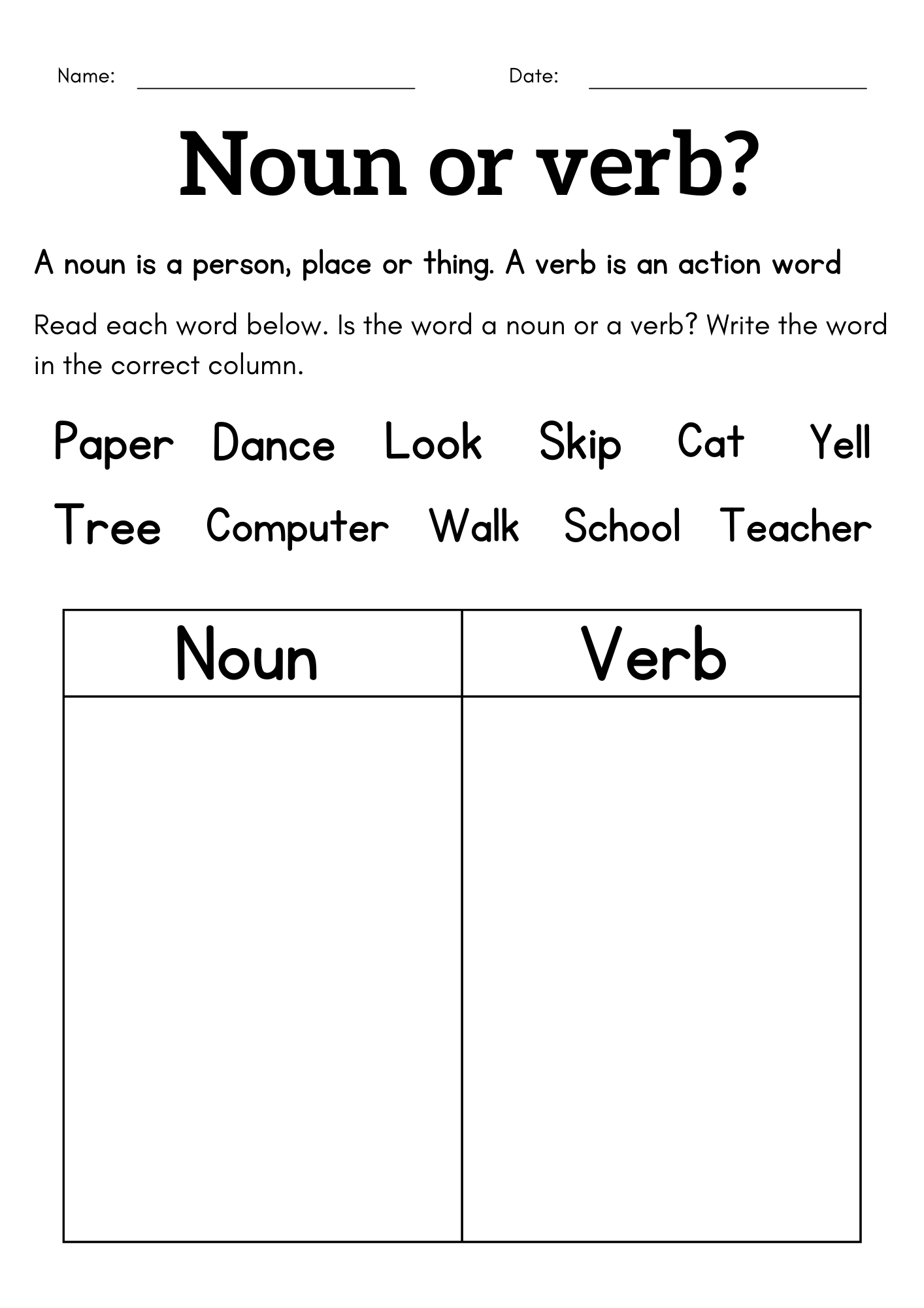 Noun And Verb Worksheet For Class 1 2 3 1st Grade Noun Verb 