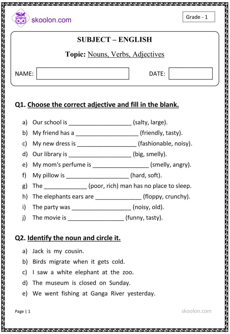 Nouns Verbs Adjectives Skoolon