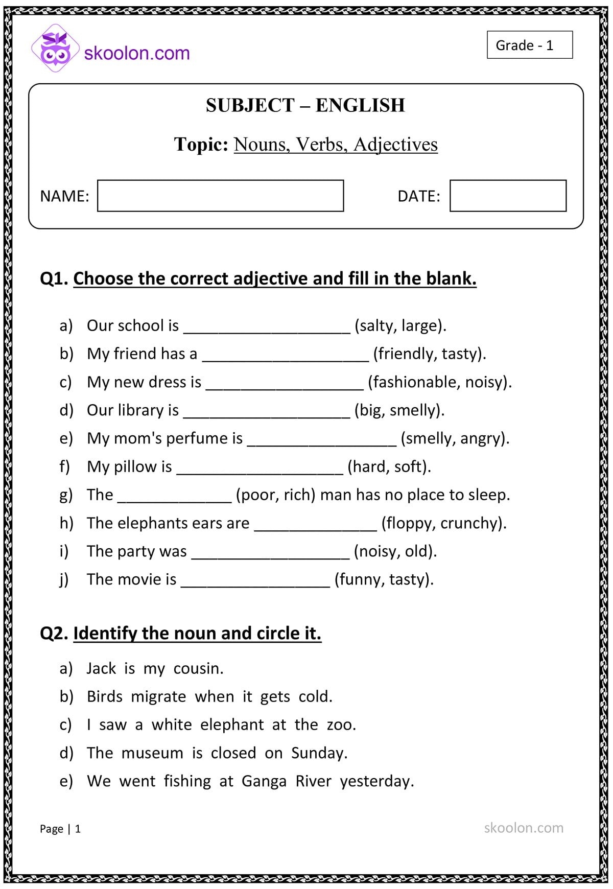 Nouns Verbs Adjectives Skoolon