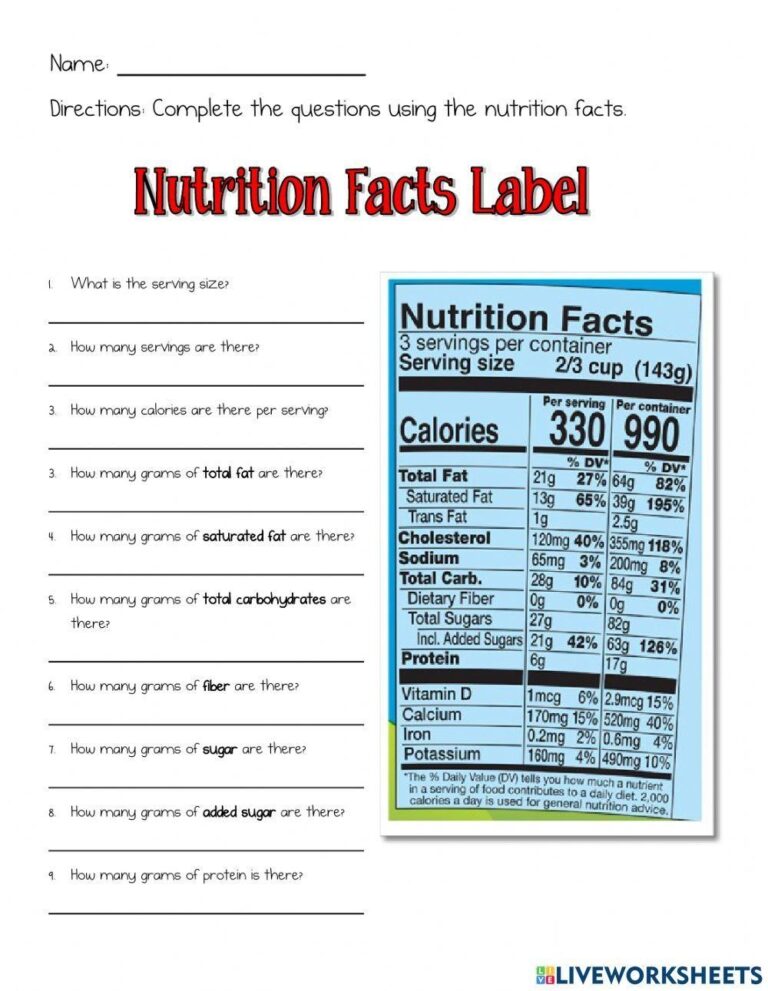 Nutrition Facts Label Worksheet Live Worksheets Worksheets Library