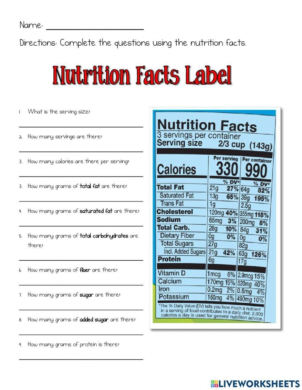 Nutrition Facts Label Worksheet Live Worksheets Worksheets Library