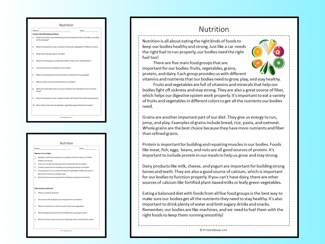 Nutrition Reading Comprehension Passage Printable Worksheet 