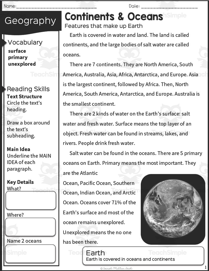 Oceans And Continents Reading Packet
