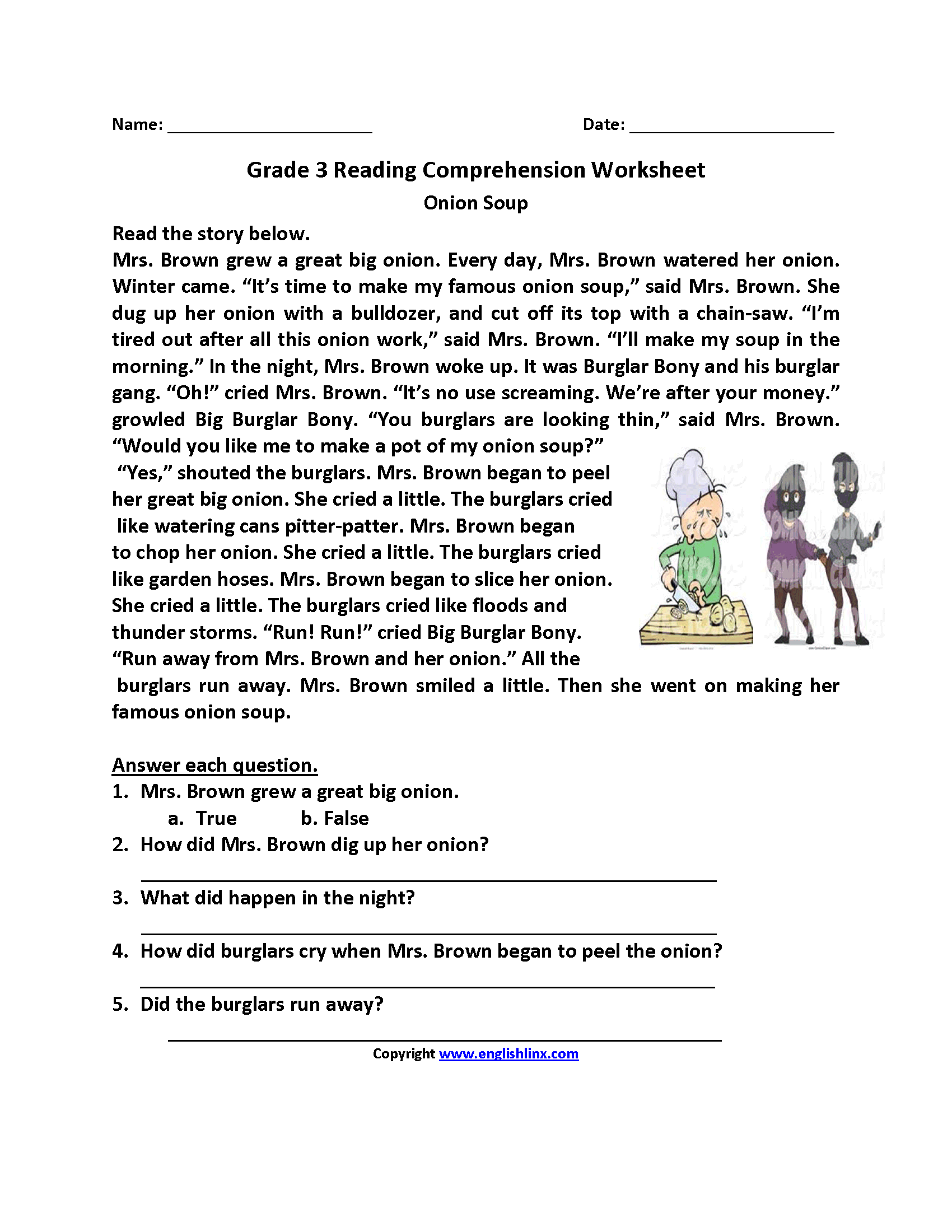 Onion Soup Third Grade Reading Worksheets Reading Comprehension 