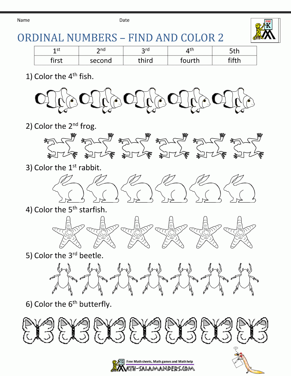 Free Printable Kindergarten Worksheets Ordinal Numbers