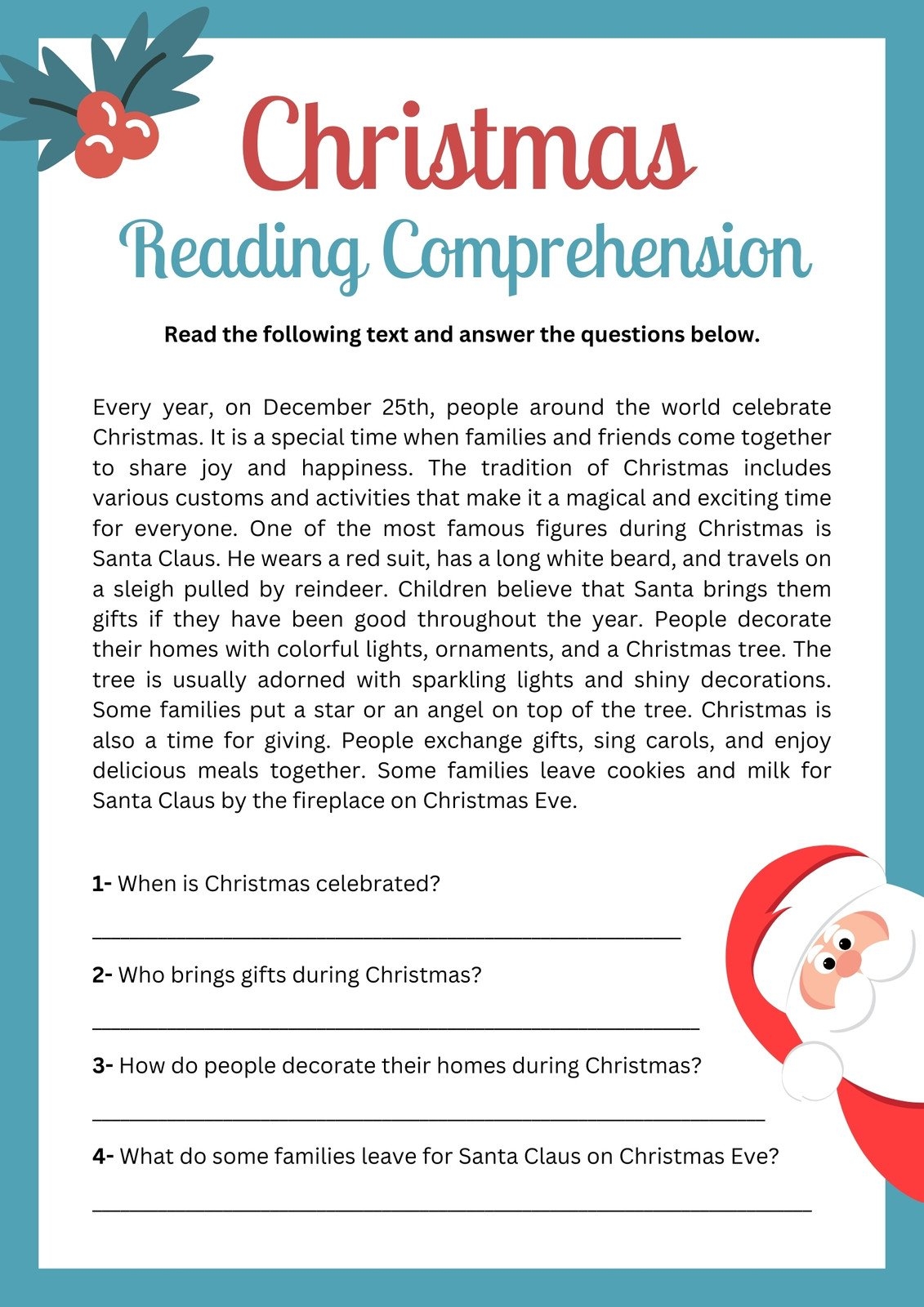 Christmas Reading Comprehension Worksheets Free
