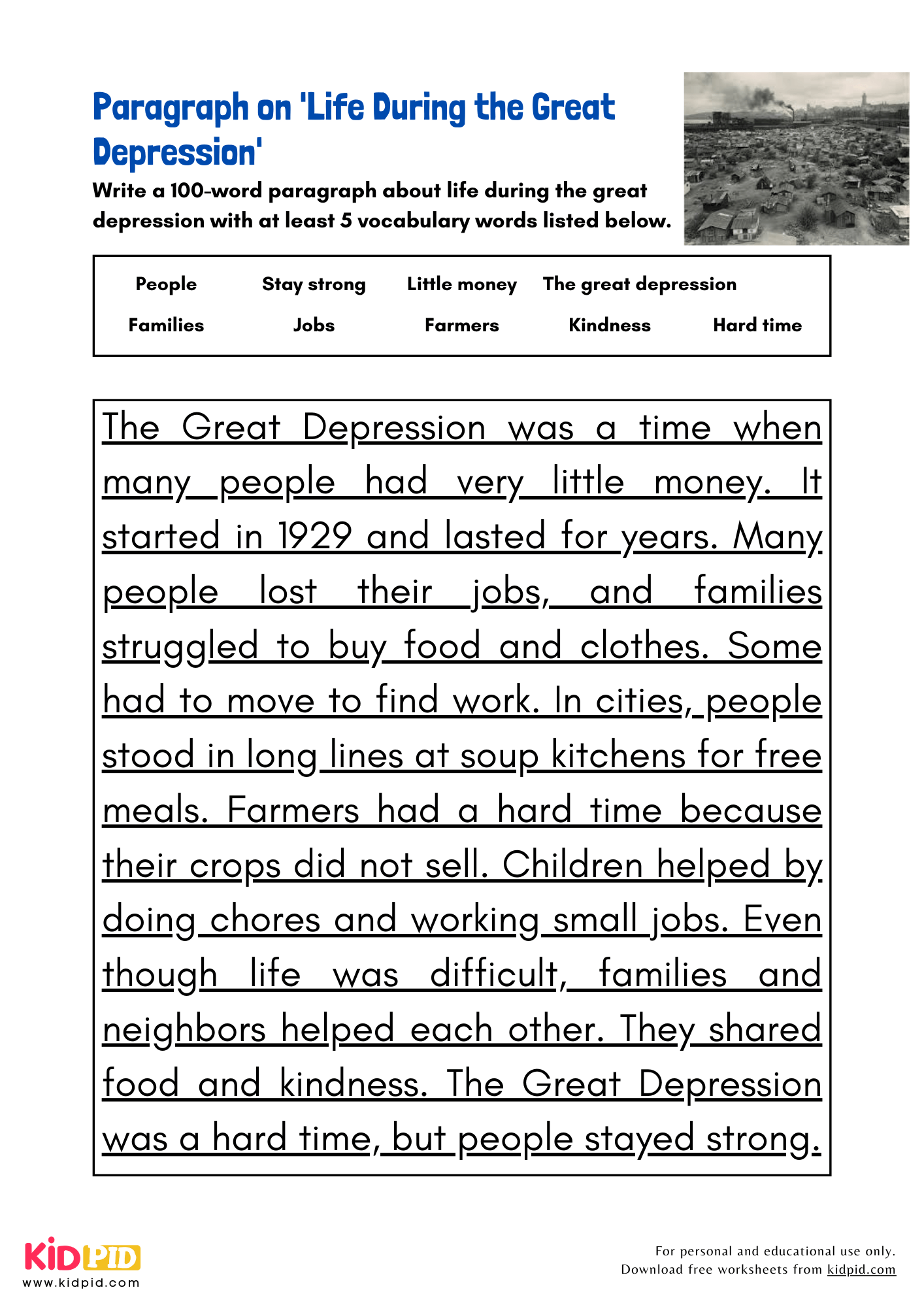Great Depression Reading Comprehension Worksheet