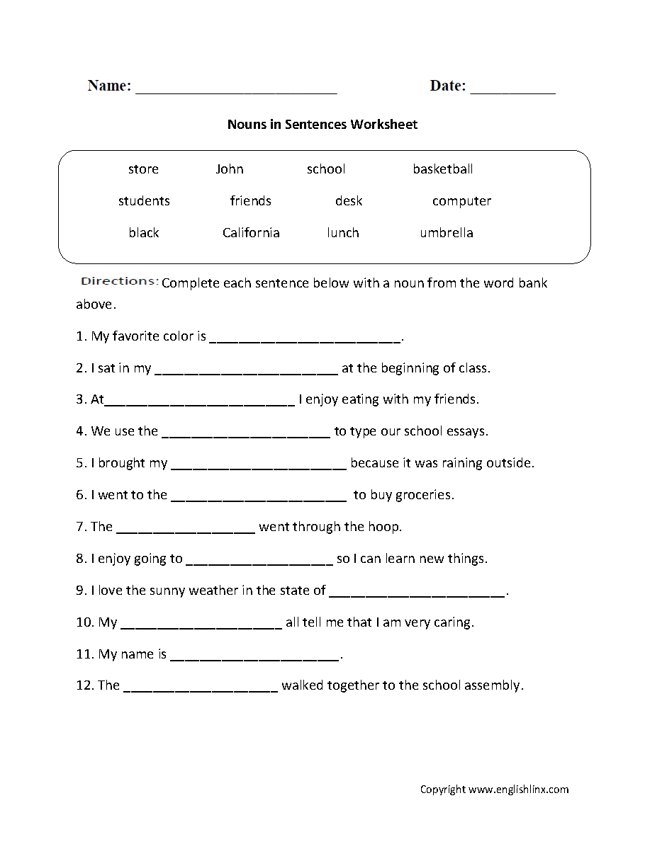 Free Printable Noun Worksheets