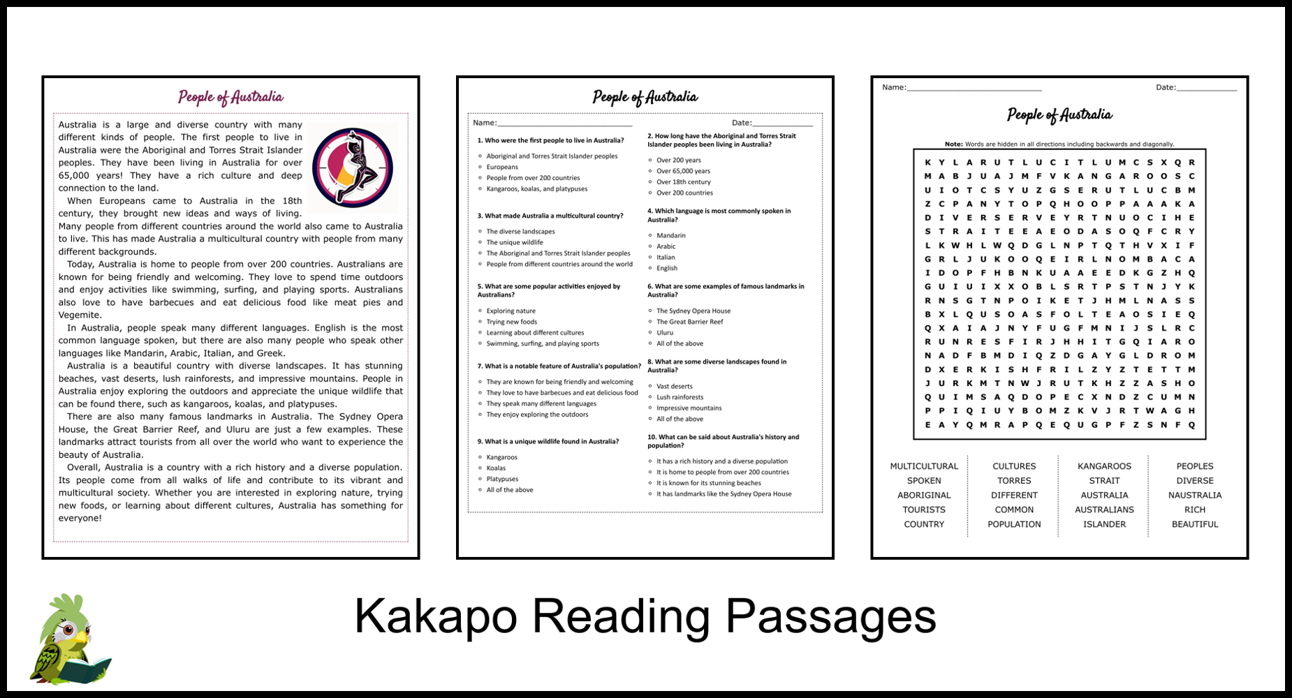 People Of Australia Reading Comprehension And Word Search Teaching Resources