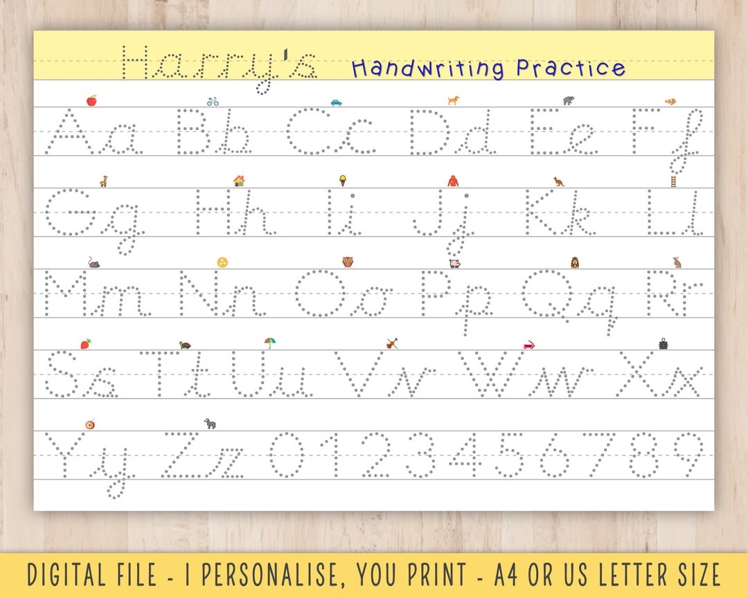 Personalised Kids Pre Cursive Handwriting Practice Download Handwriting Printable Dotted Alphabet KS1 EYFS Pre School Teaching Etsy