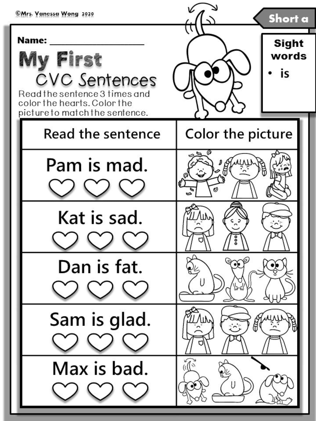Phonics Worksheets My First CVC Sentences For Kindergarten And First Grade Etsy