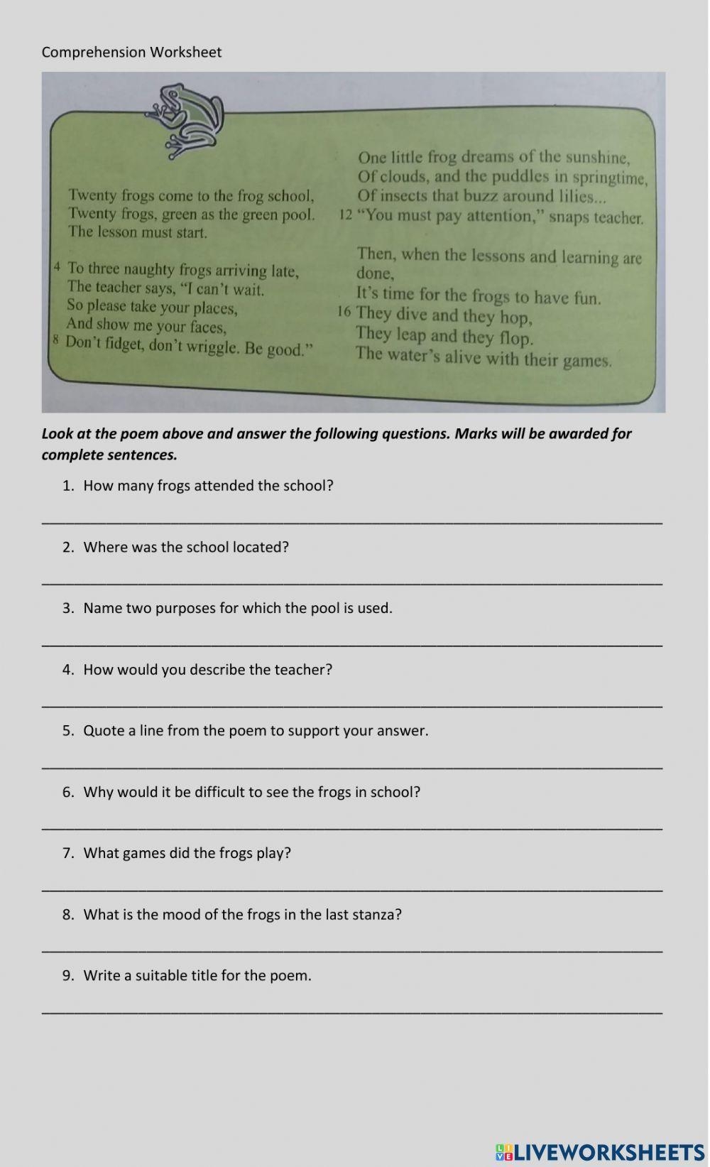 Poetry Exercise For Grade 4 Live Worksheets Worksheets Library