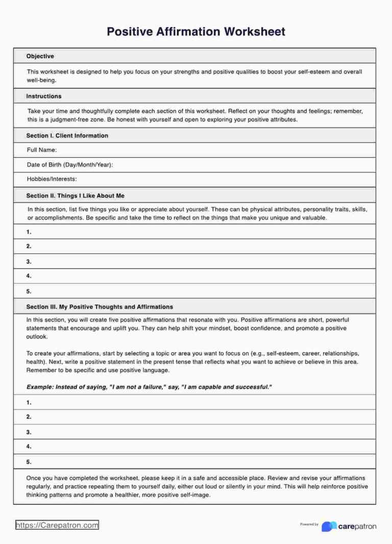 Positive Affirmations Worksheet U0026 Example Free PDF Download