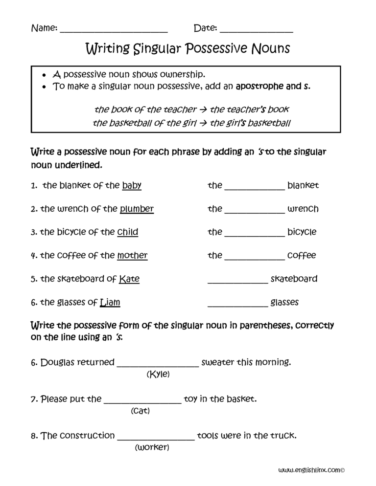 Possessive Nouns Worksheets Writing Singular Possessive Nouns 