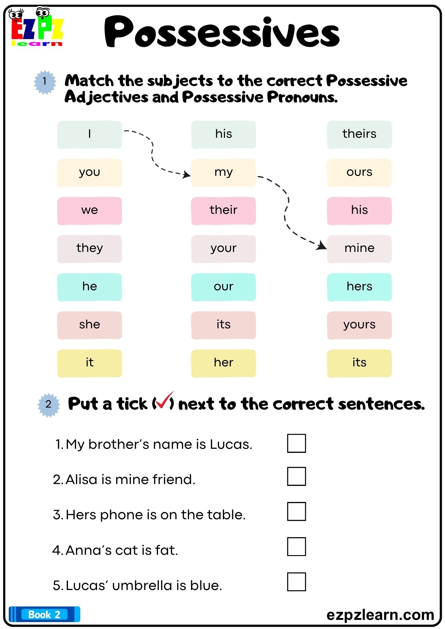 Possessives Match The Subjects To The Possessive Adjectives And Possessive Pronouns Bk2 Downloadable Pdf Ezpzlearn