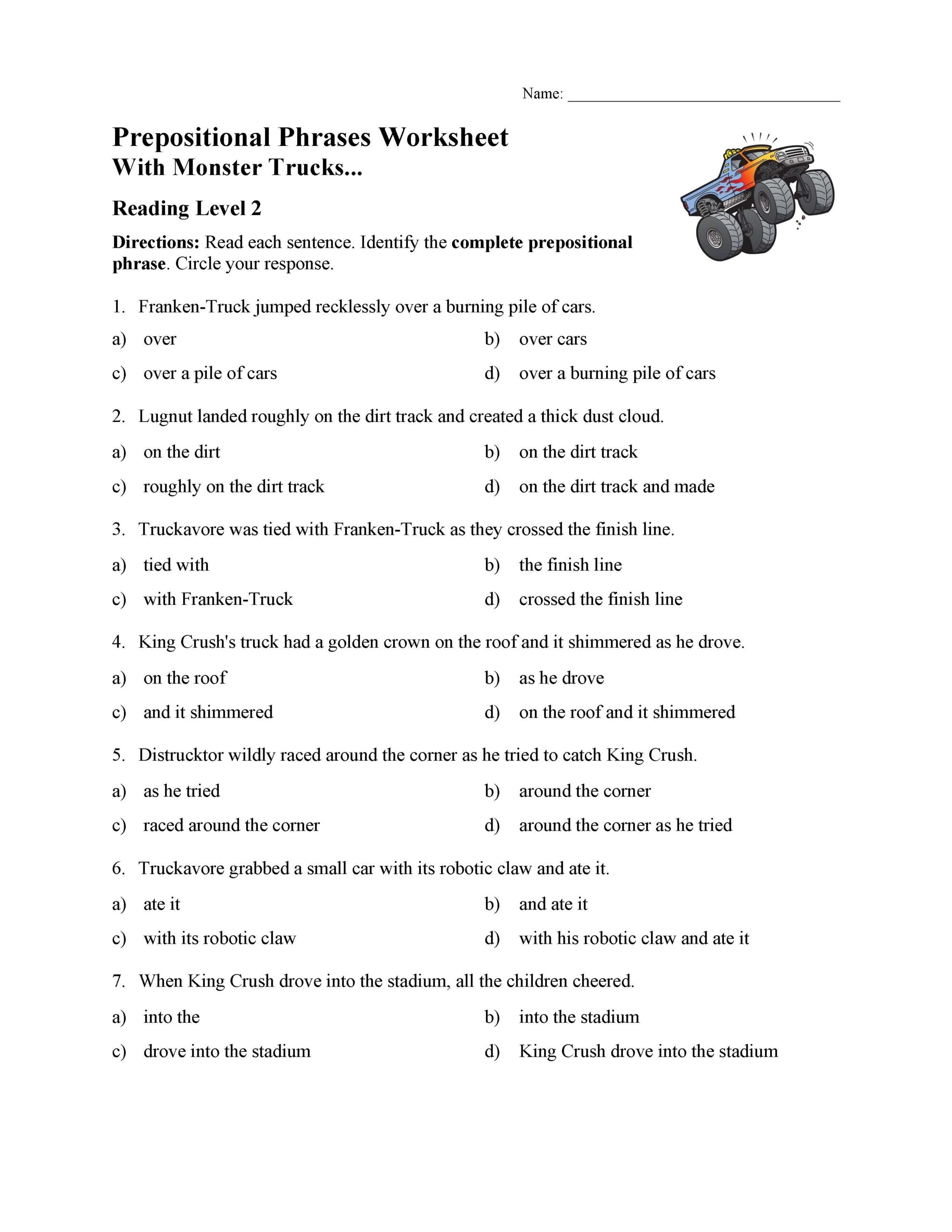 Prepositional Phrases Worksheet With Monster Trucks Parts Of 