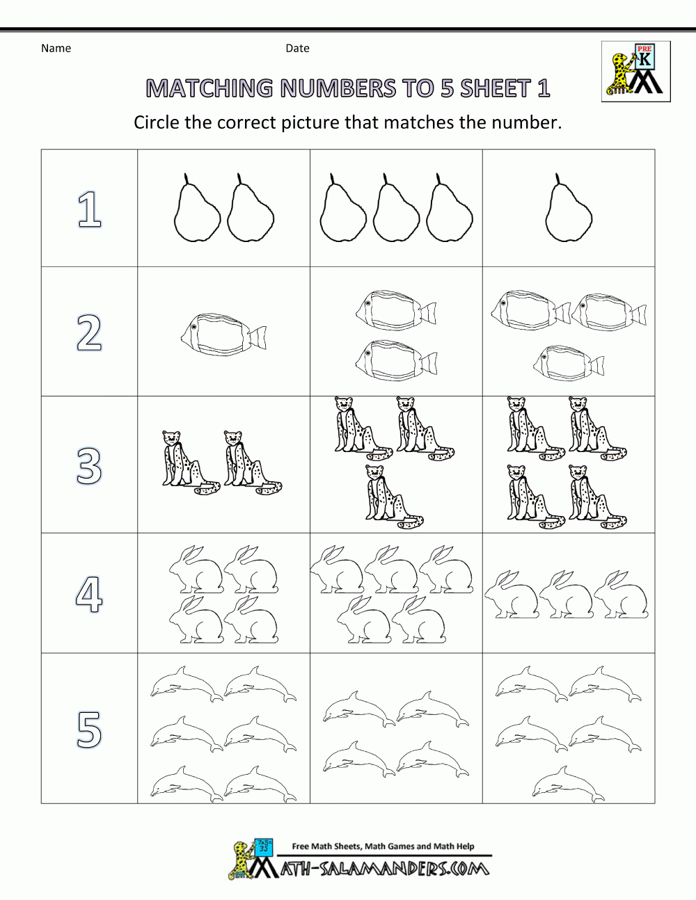Preschool Math Worksheets Matching To 5 Worksheets Library
