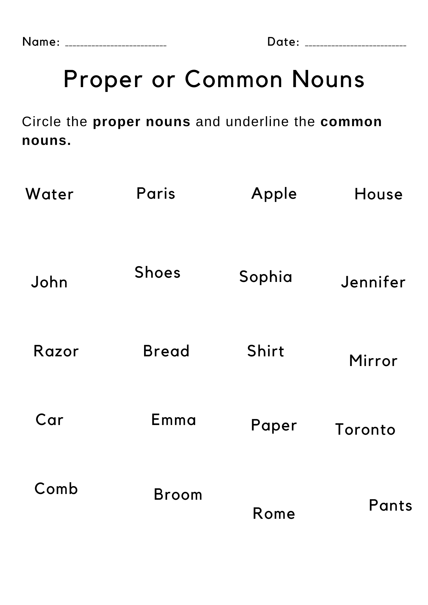 Printable Common Noun And Proper Nouns Worksheet For Grade 1