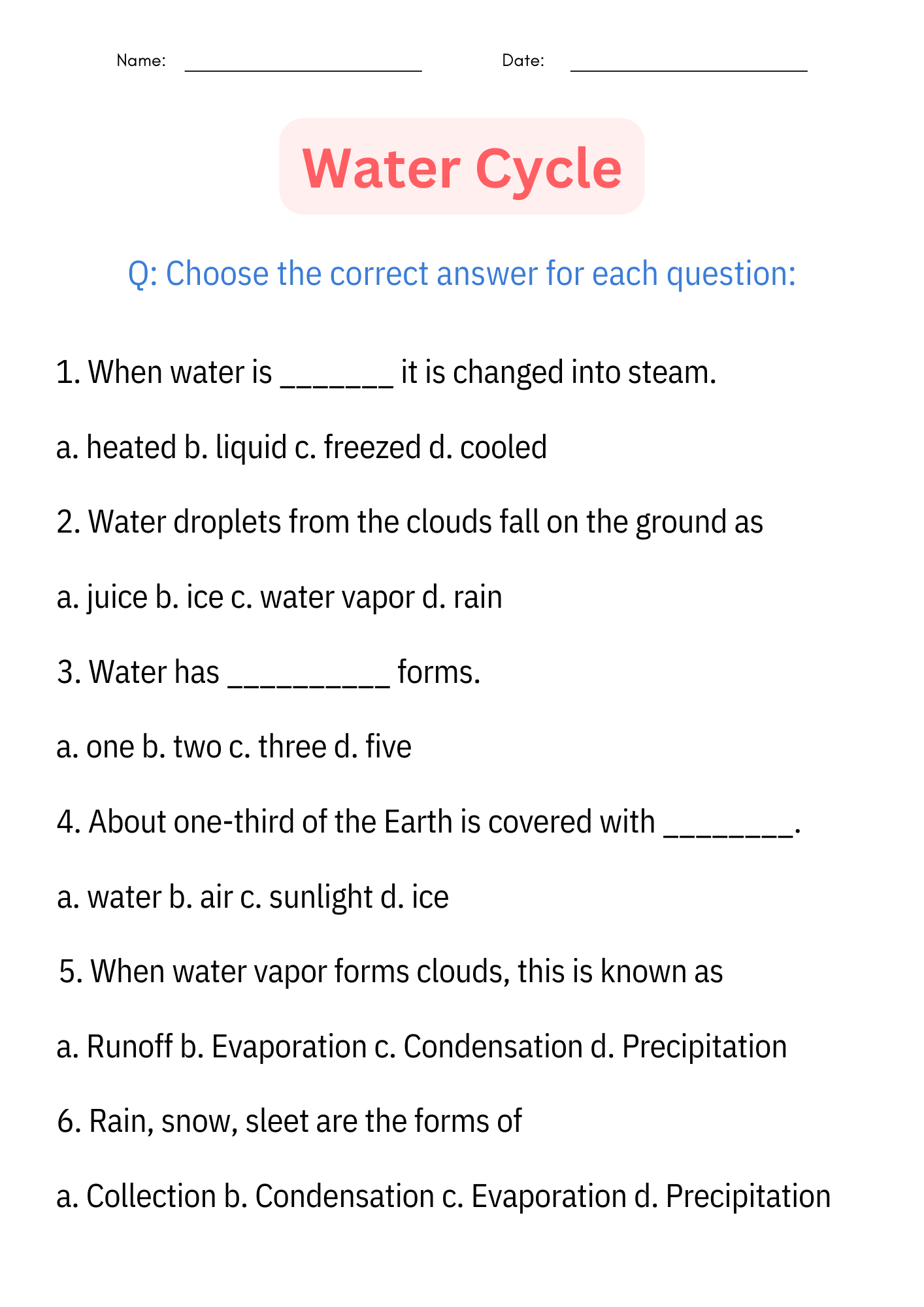 Printable Diagram Science Water Cycle Worksheet And Activities For Grade 1 2 3
