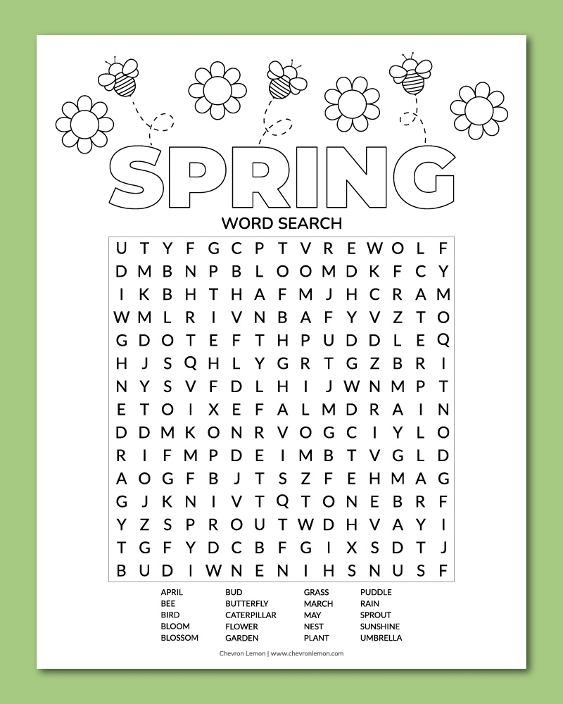 Printable Spring Word Search Chevron Lemon