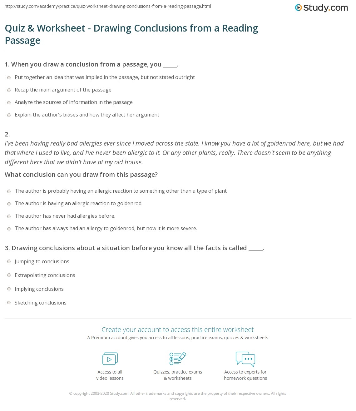 Quiz U0026 Worksheet Drawing Conclusions From A Reading Passage Study