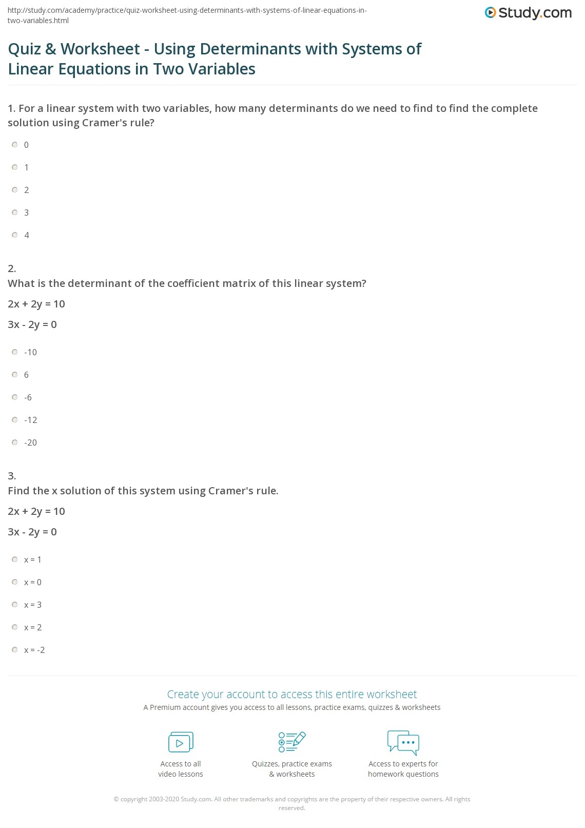Quiz U0026 Worksheet Using Determinants With Systems Of Linear 