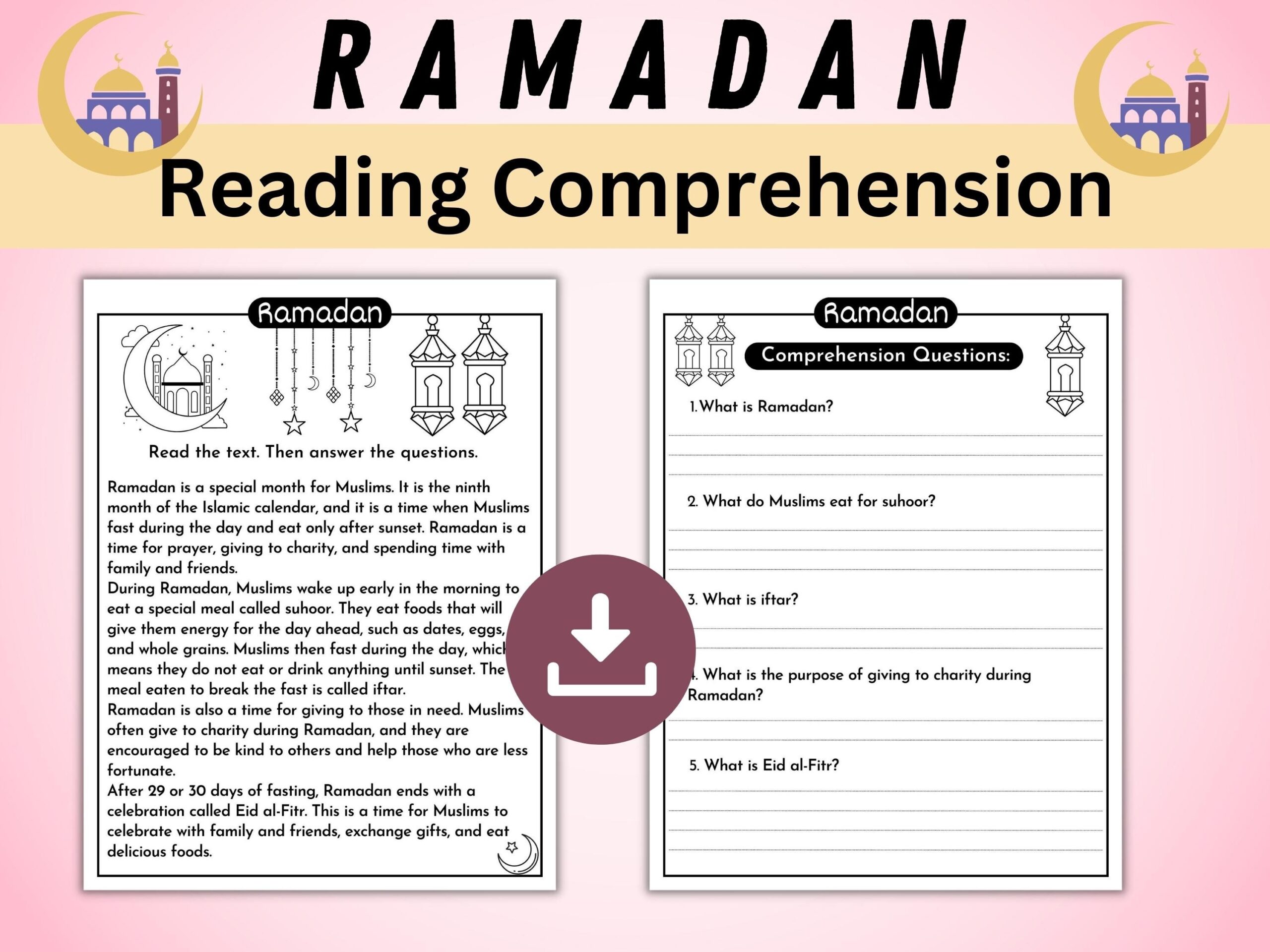 Ramadan Mubarak Reading Comprehension Passage Printable Ramadan And Eid Activity Ramadan Vocabulary Worksheets Instant Download Etsy