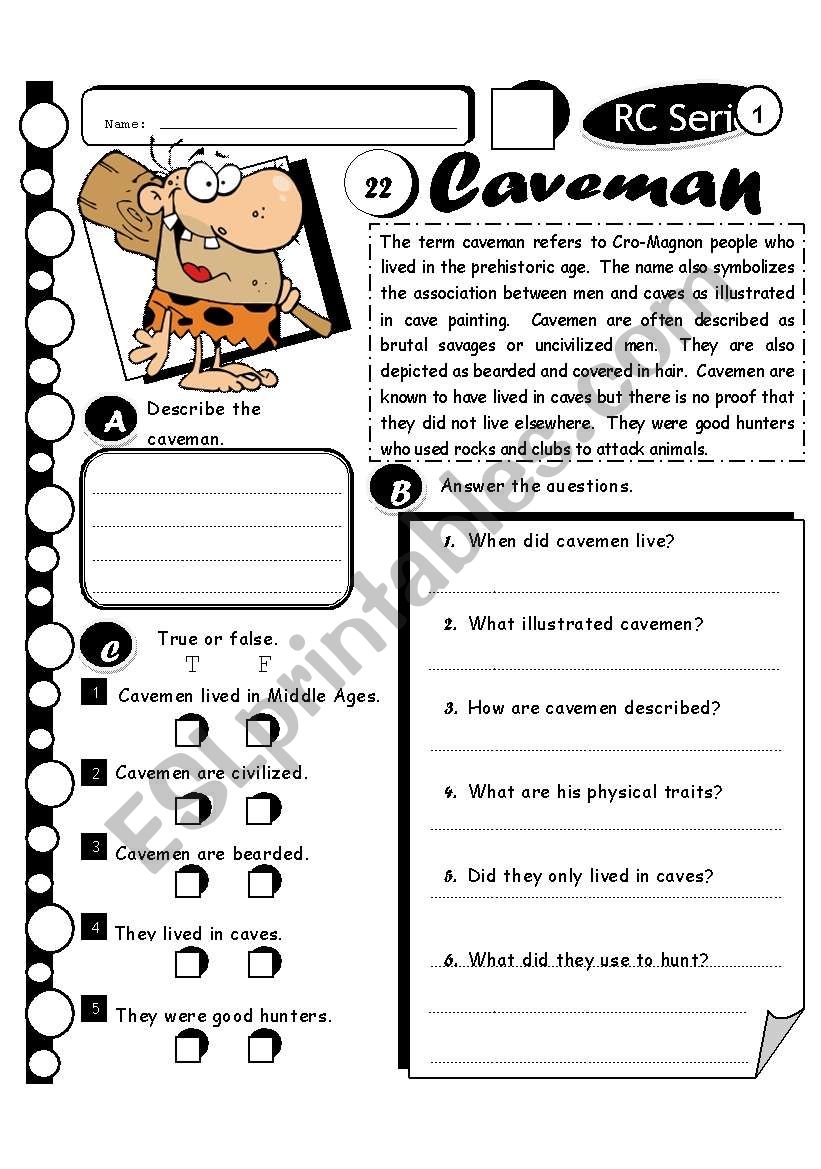 RC Series Level 1 32 Caveman ESL Worksheet By Melahel7