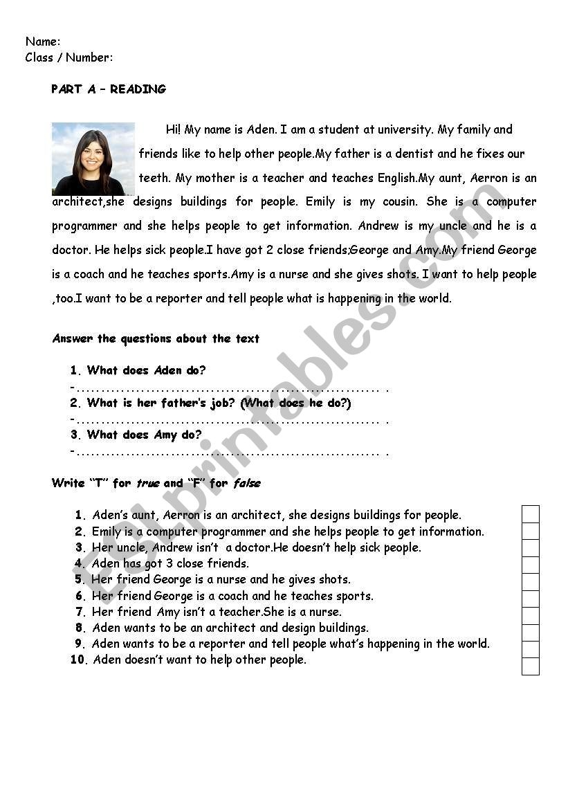 Esl Reading Comprehension Worksheets Jobs