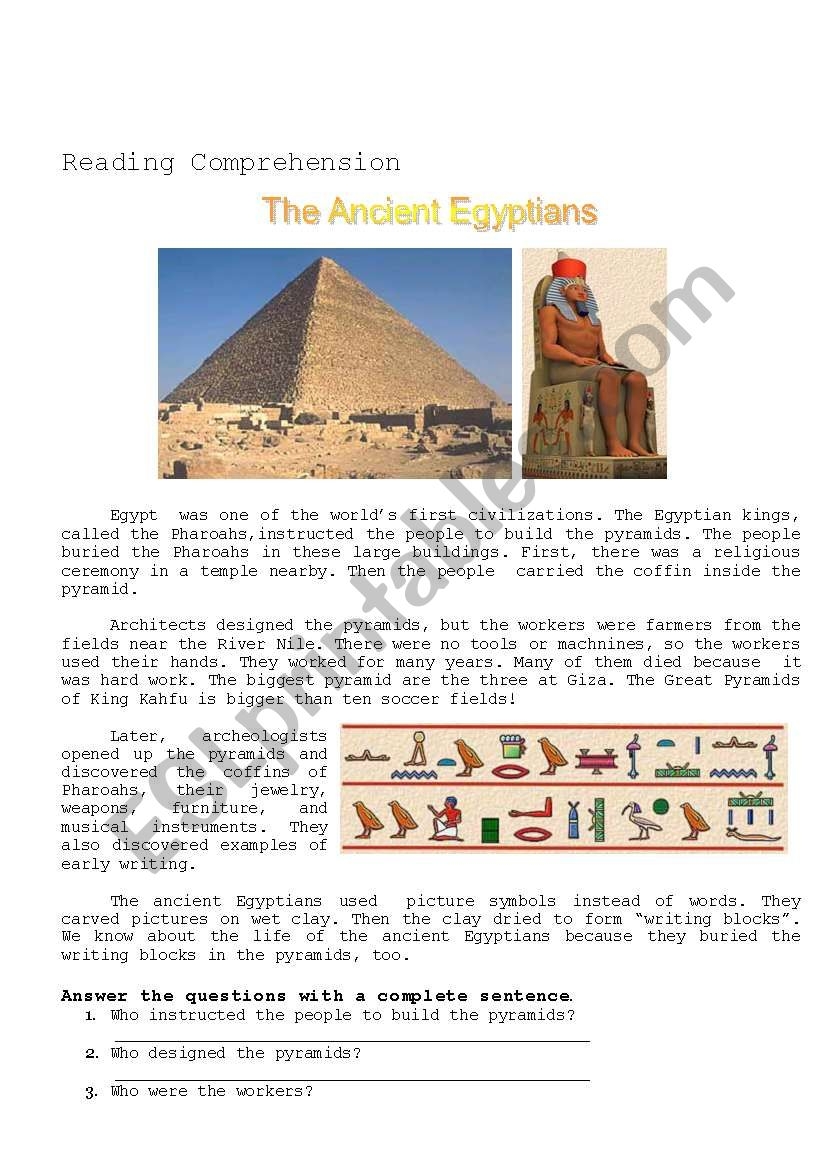 Esl Worksheets Egypt Reading Comprehension