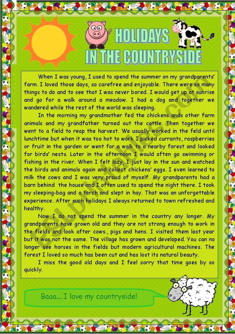 READING COMPREHENSION 1 HOLIDAYS IN THE COUNTRYSIDE ESL 