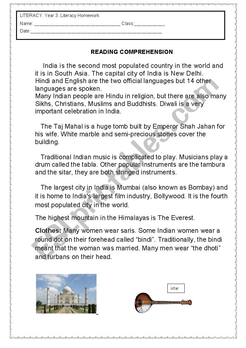 Ancient India Reading Comprehension Worksheets