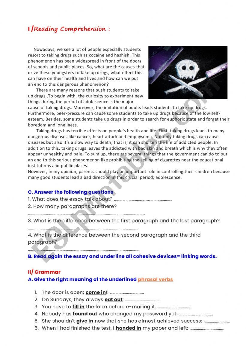 Drug Awareness Reading Comprehension Worksheets
