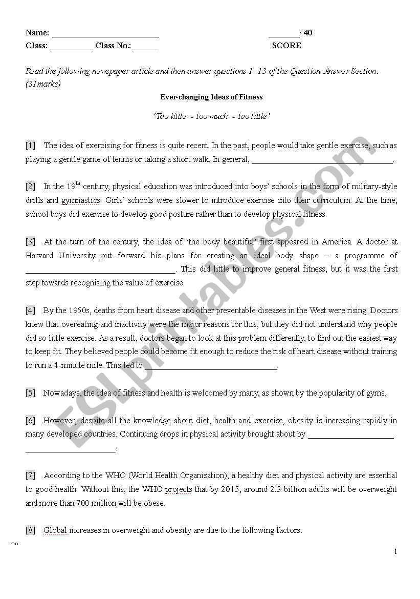 Fitness Reading Comprehension Worksheets