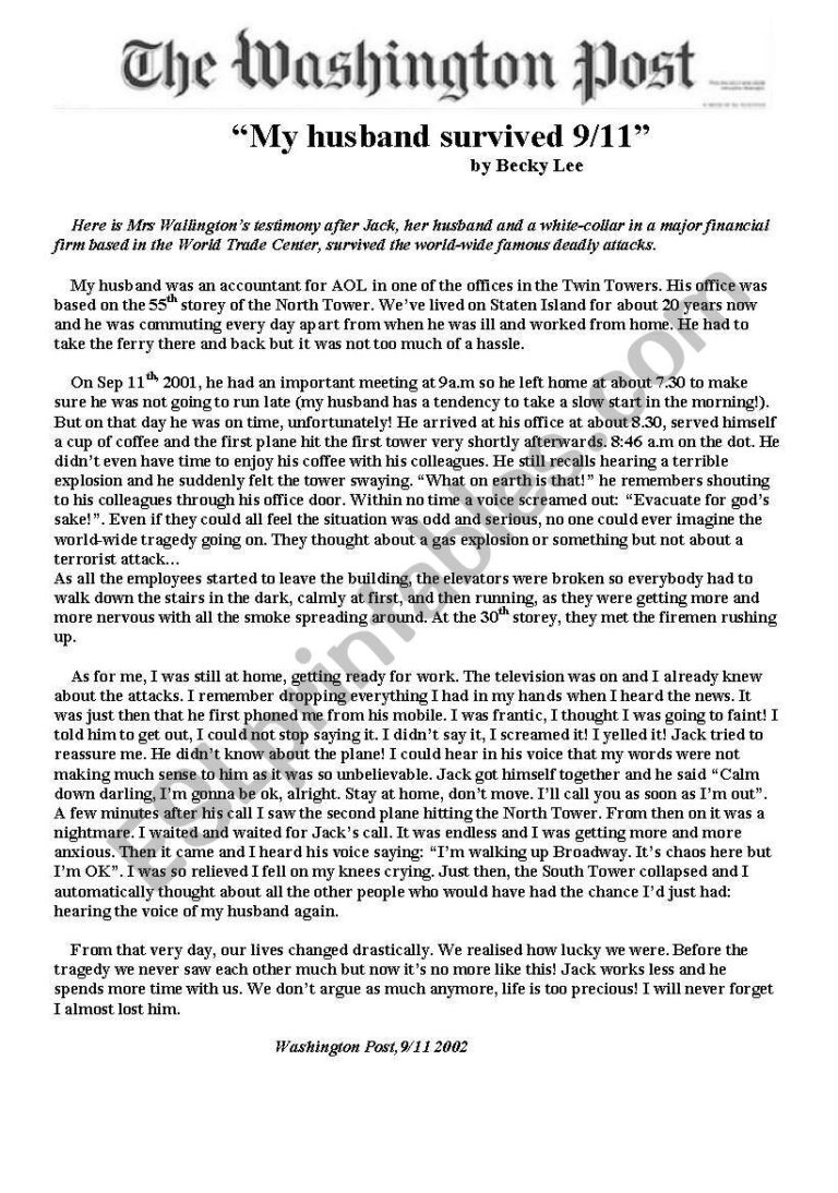 Reading Comprehension About Sep 11th 9 11 ESL Worksheet By 