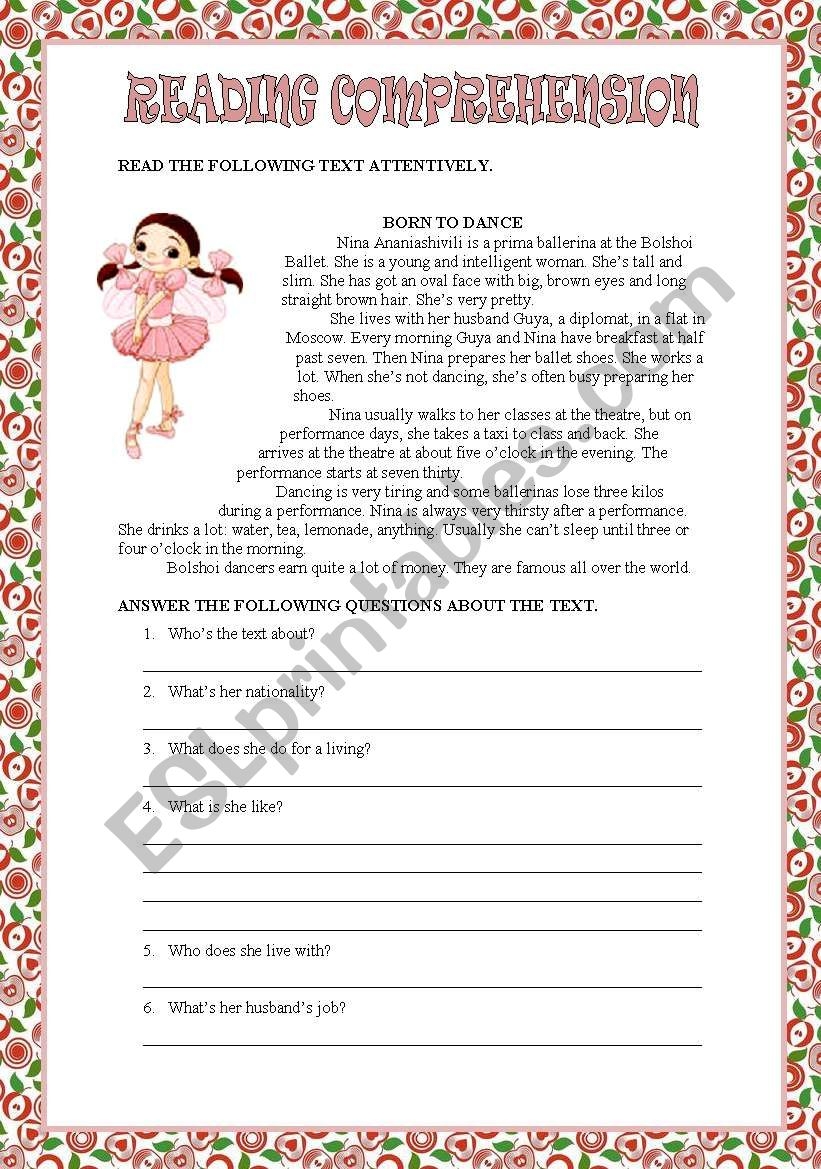 READING COMPREHENSION BORN TO DANCE ESL Worksheet By Macomabi