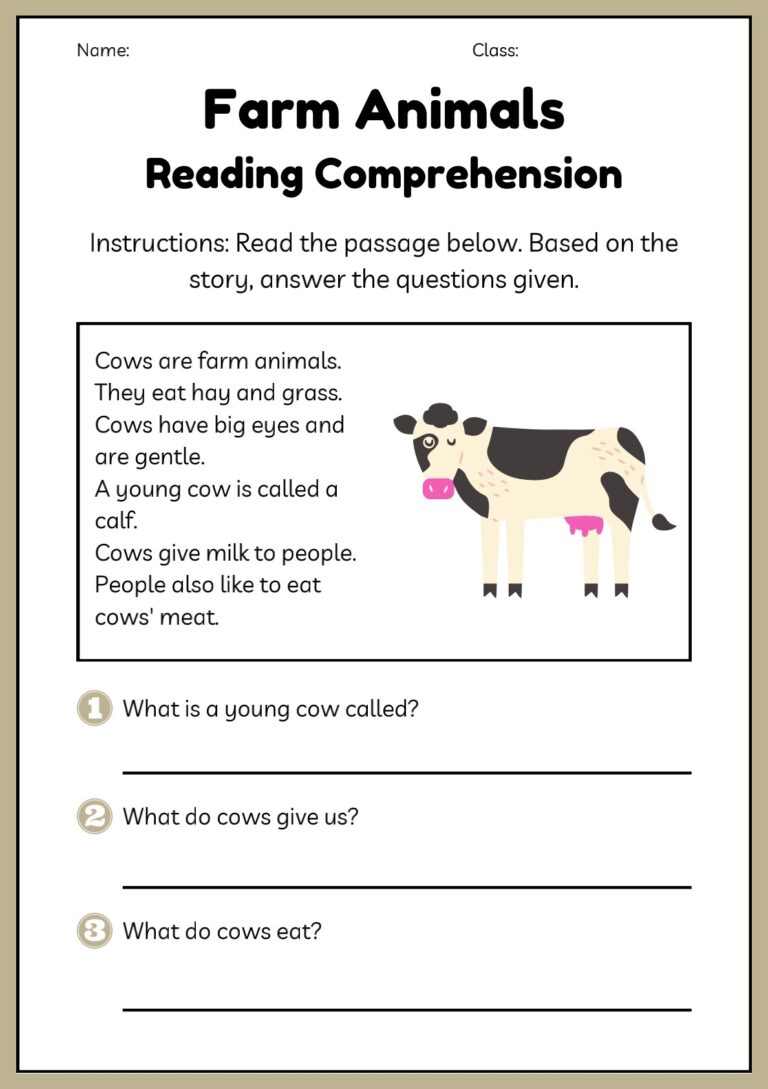 Reading Comprehension Farm Animals Sheets